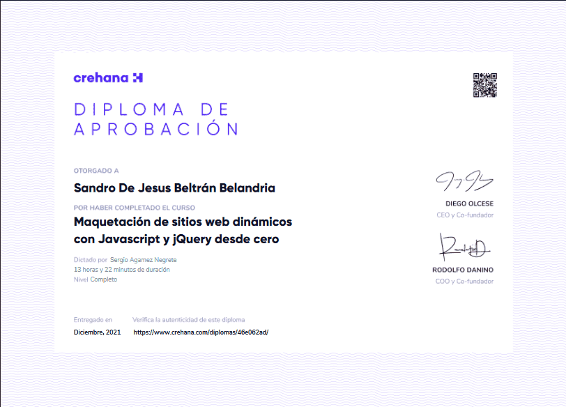 Web Layout Certificate of Sandro Beltrán in Crehana