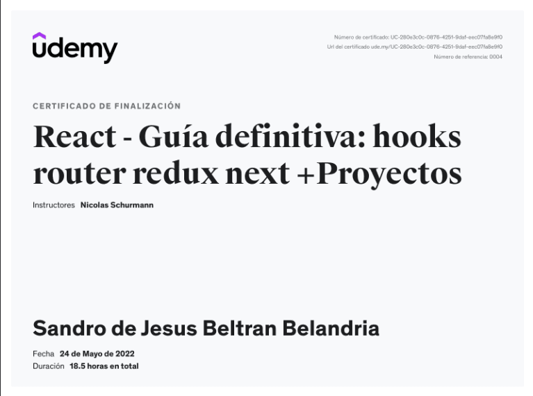 React.js + Next.js Certificate of Sandro Beltrán in Udemy