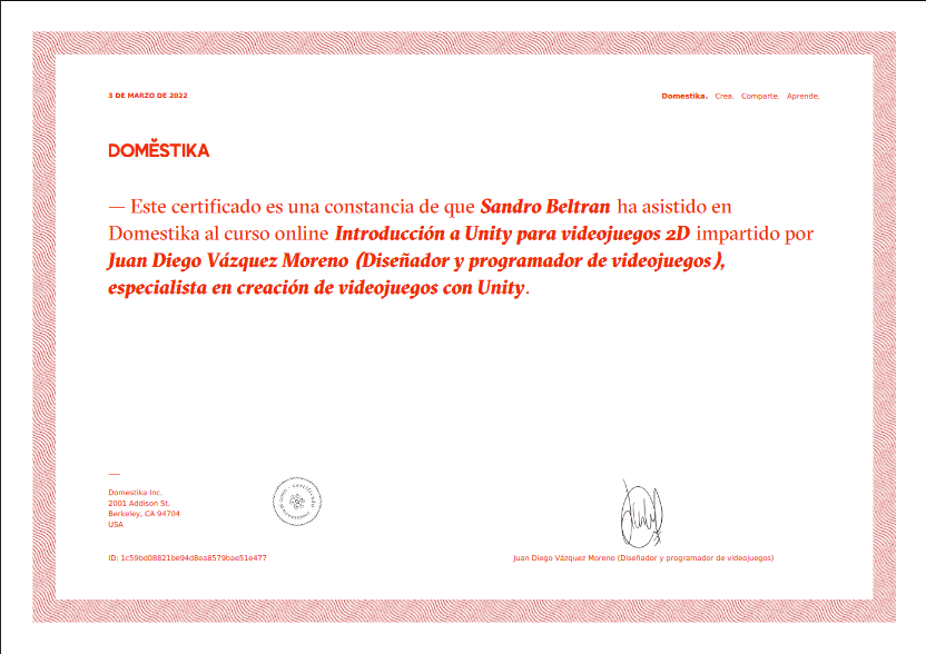 Unity 2D Certificate of Sandro Beltrán in Domestika