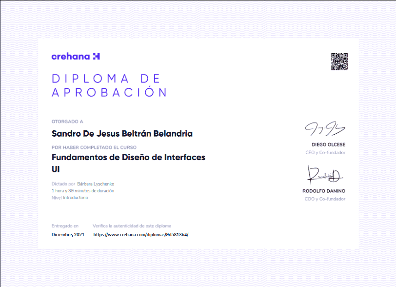 UI/UX Basics Certificate of Sandro Beltrán in Crehana